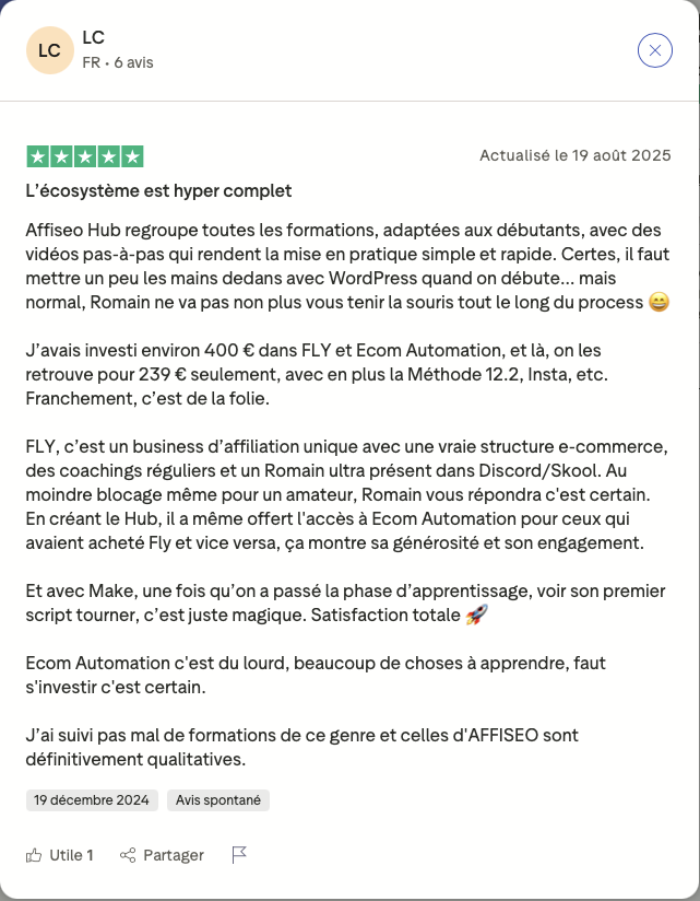 Note Trustpilot Affiseo